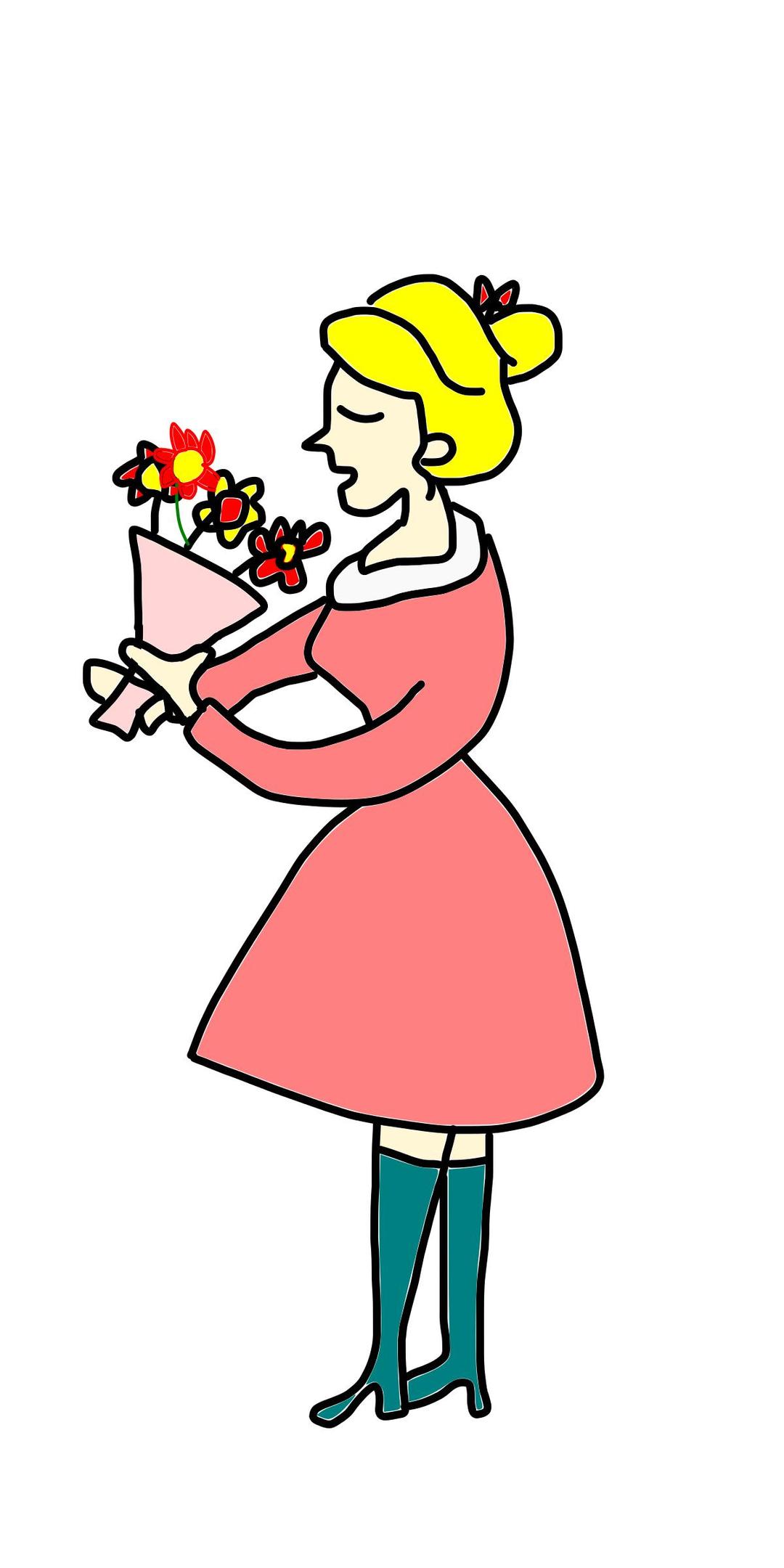 lady smells a bunch of flowers png transparent