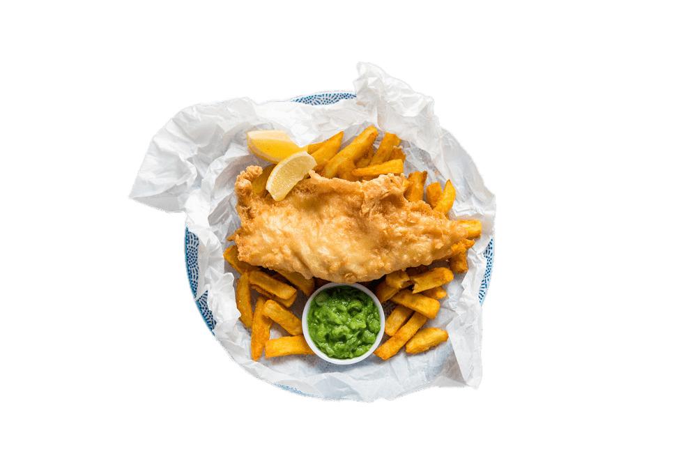 Fish and Chips With Slices Of Lemon and Pea Mash png transparent