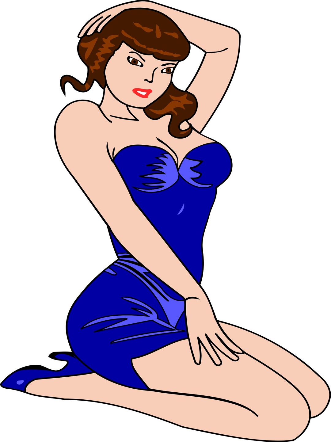 Woman kneeling (light skin, blue dress, brown hair) png transparent