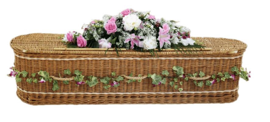 Woven Wicker Coffin Decorated With Flowers png transparent
